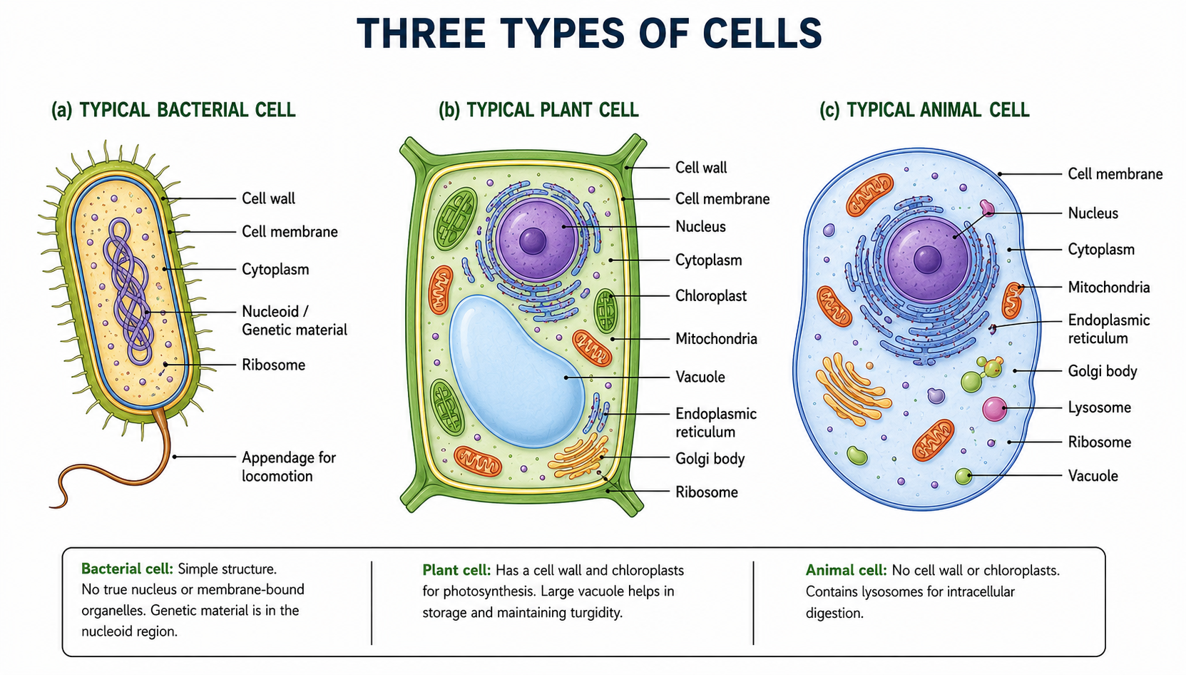 Diagrams of bacterial cell, plant cell, and animal cell showing organelles