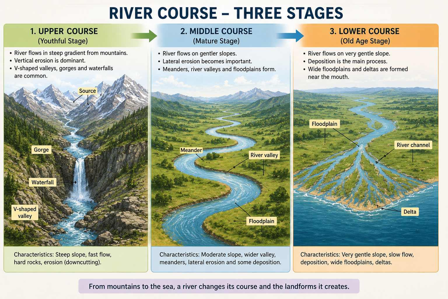 Course of a River from source in mountains to mouth at the sea