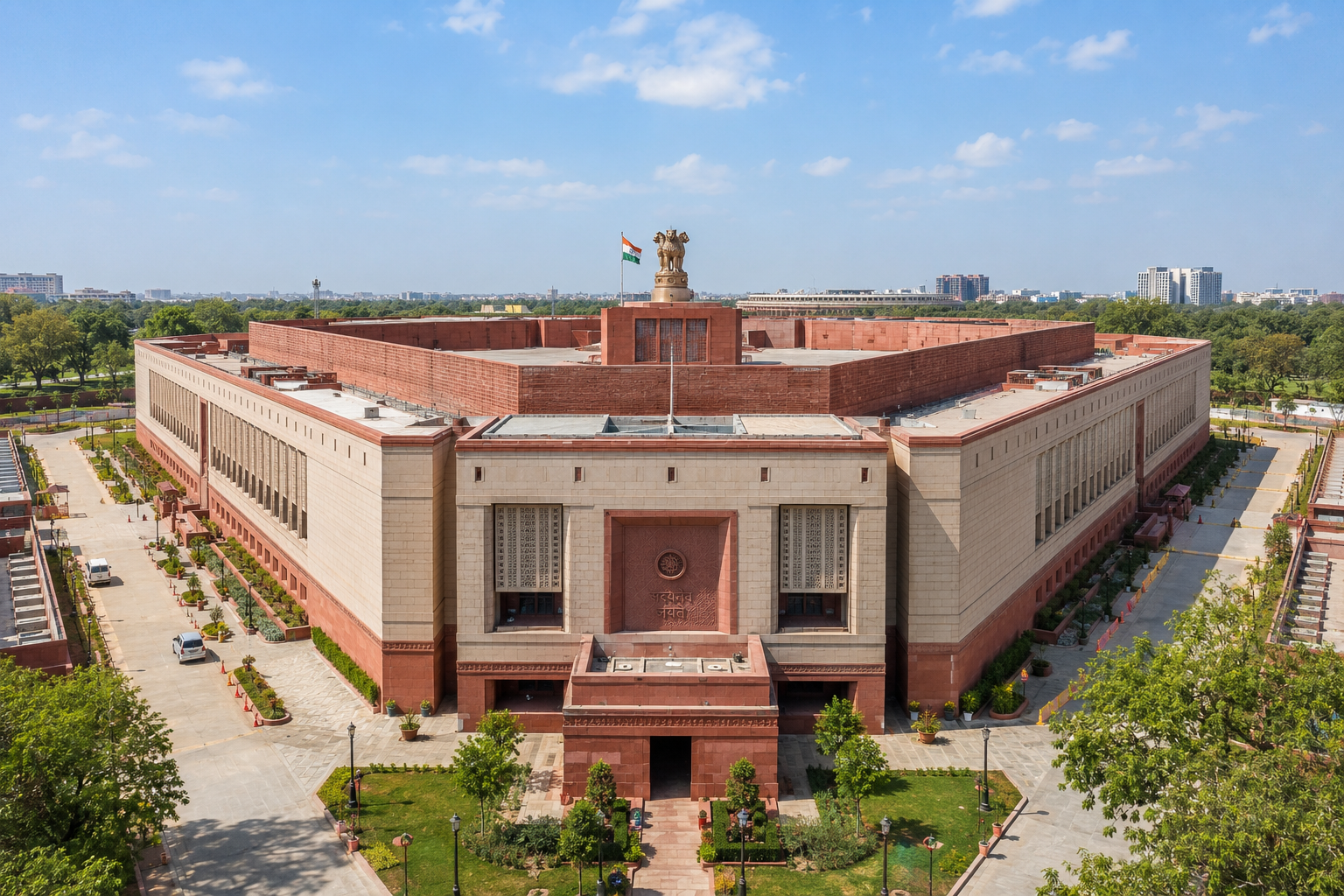 Modern triangular Parliament building exterior in New Delhi India