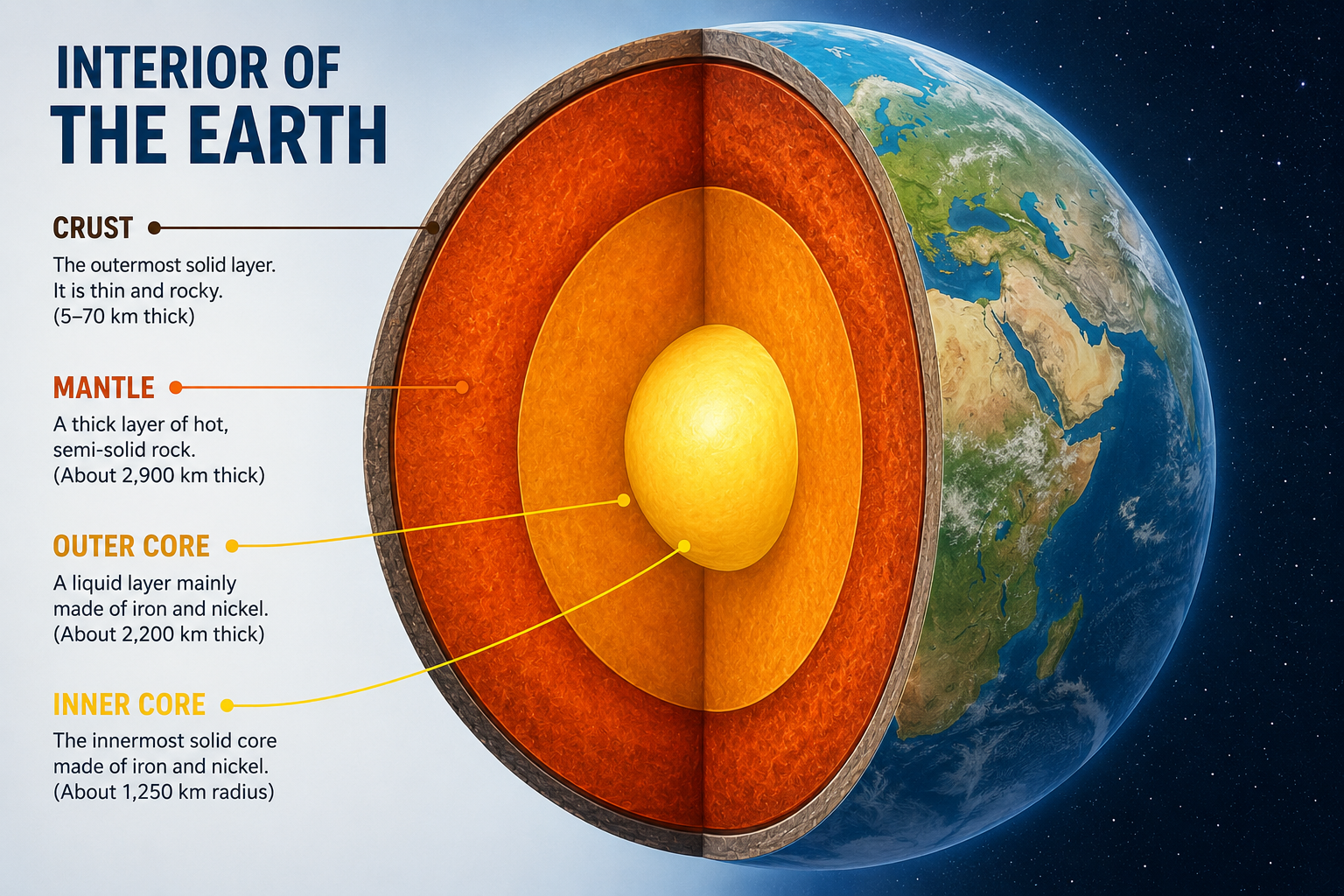Interior of the Earth showing crust mantle outer core inner core