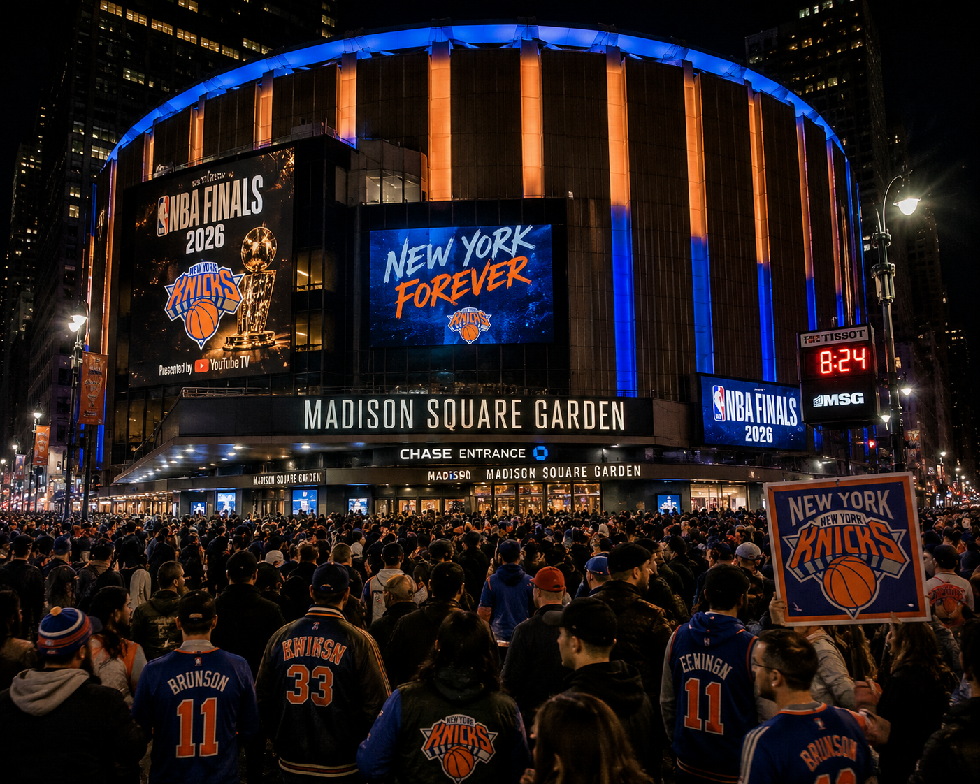 Madison Square Garden exterior NBA Finals 2026 New York City crowd fans night