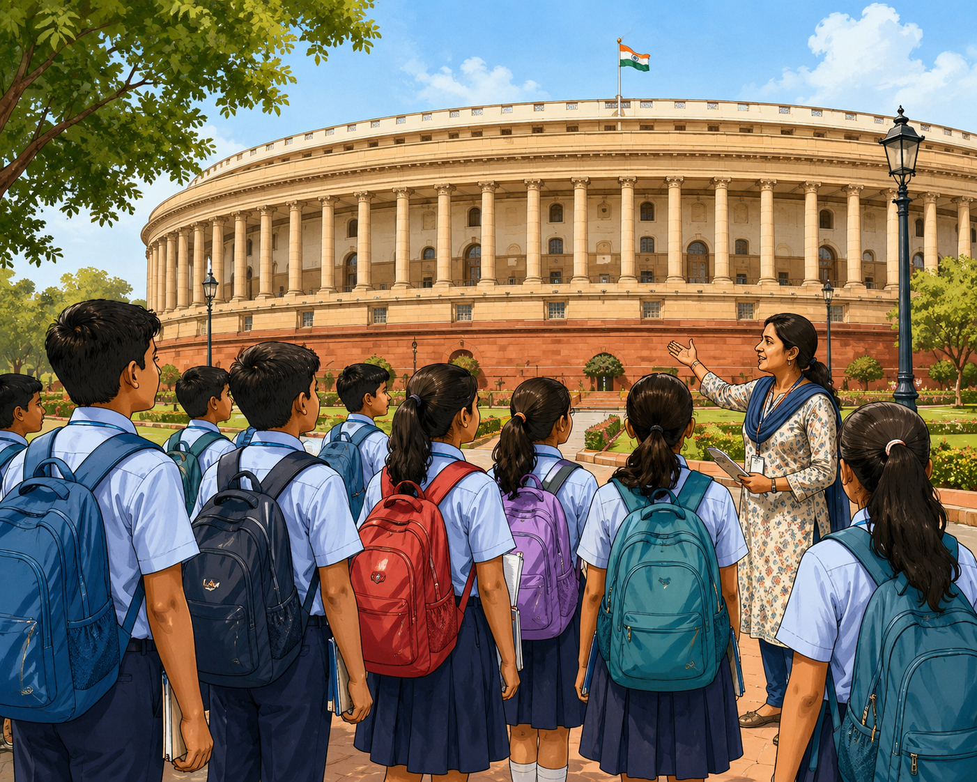 Group of Indian school students on educational trip looking at government building