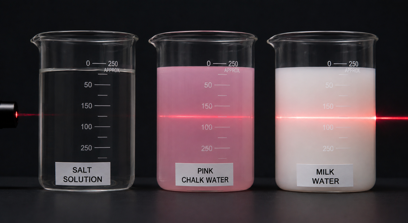 Laser beam passing through salt water, chalk water and milk water showing Tyndall effect