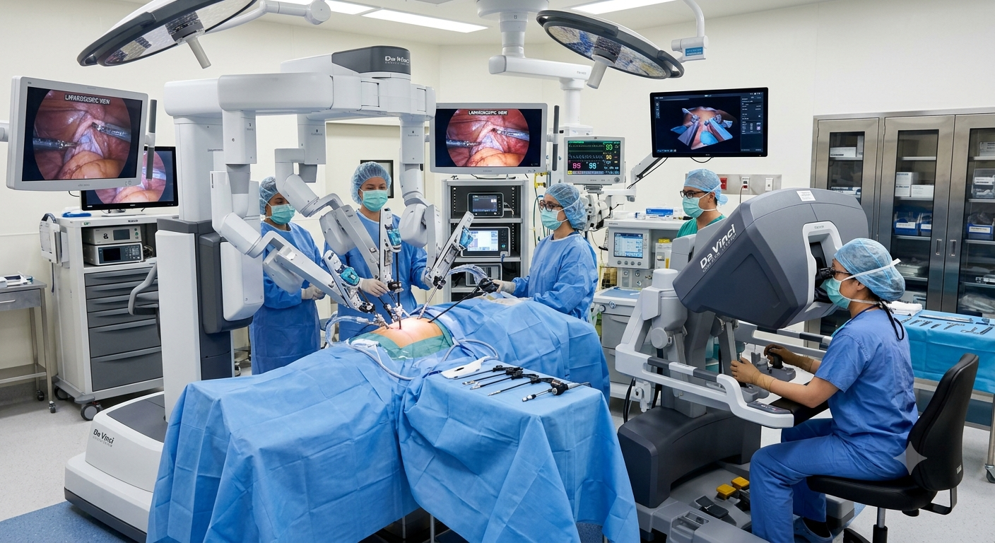 Robotic arm assisting in surgical operation in a modern operating theatre