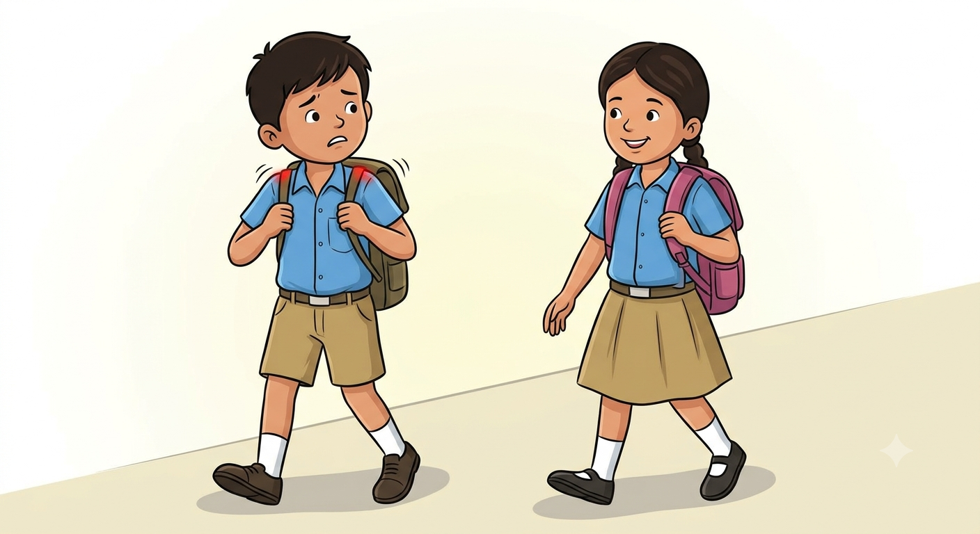 Two school children walking, boy with narrow schoolbag straps looking uncomfortable, girl with broad schoolbag straps comfortable