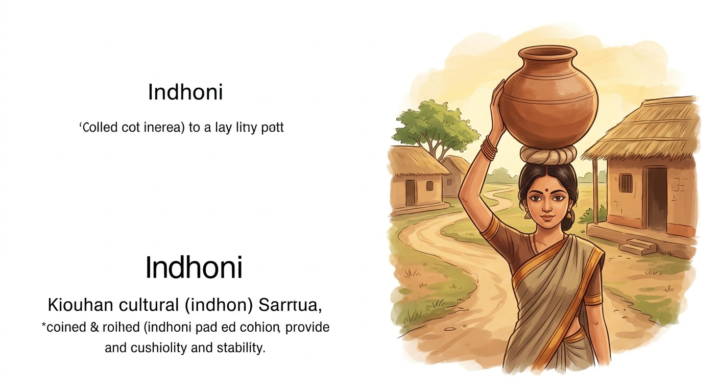 Indian woman carrying a clay pot on her head with a round cloth pad underneath