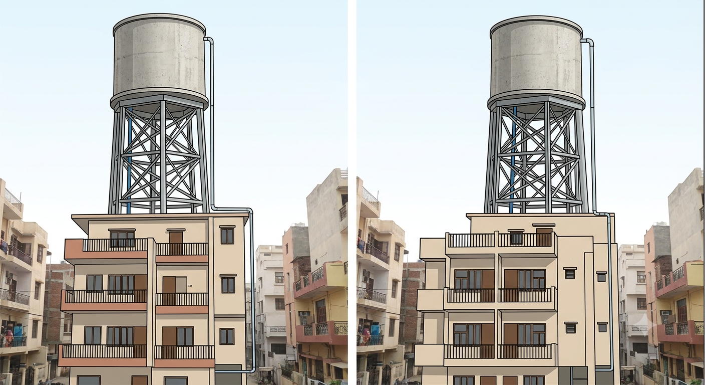 Tall water tank on a metal tower above a residential building