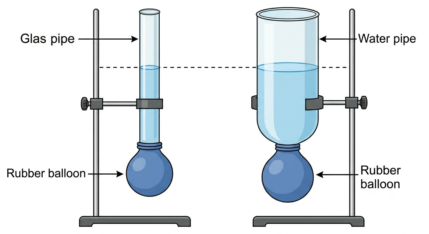 Two glass pipes of different diameters filled to same water level with balloons at bottom bulging equally