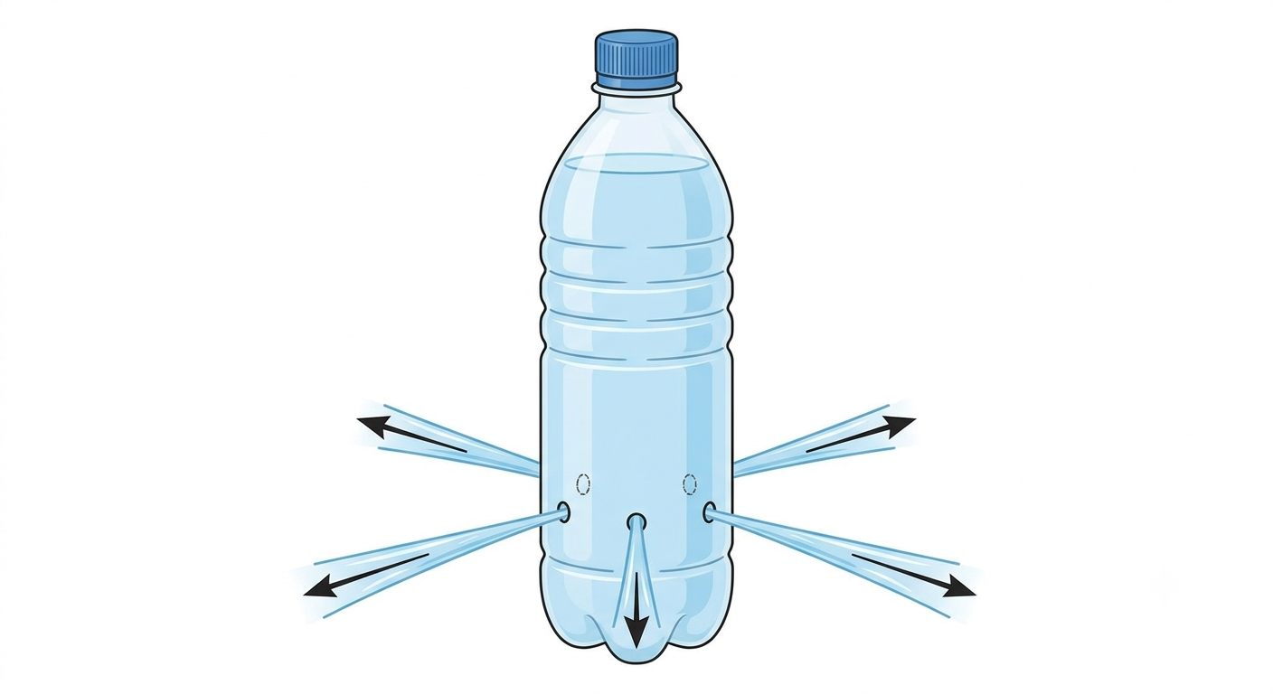 Plastic bottle with four small holes around the sides near the bottom with water streams shooting outward