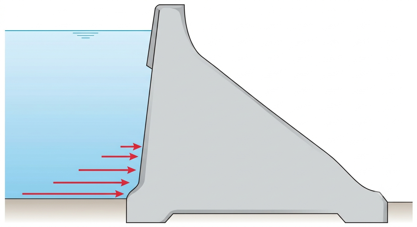 Cross-section diagram of a concrete dam with broad base and water stored on one side showing horizontal pressure arrows
