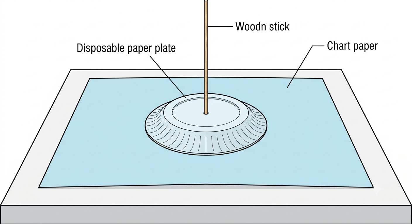Inverted paper plate with a stick on a table covered with unfolded chart paper experiment setup