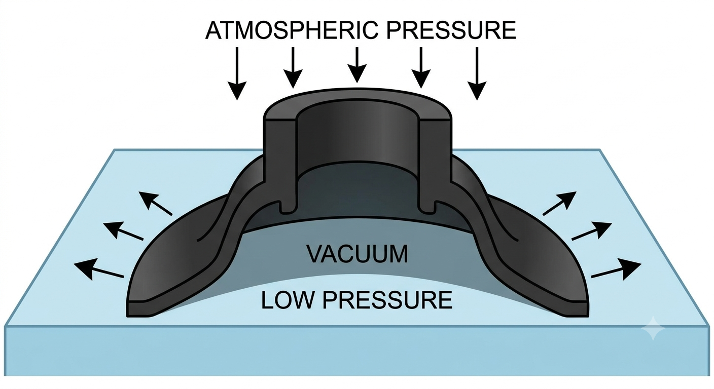 Close-up of a rubber sucker pressed firmly onto a smooth flat surface creating vacuum underneath