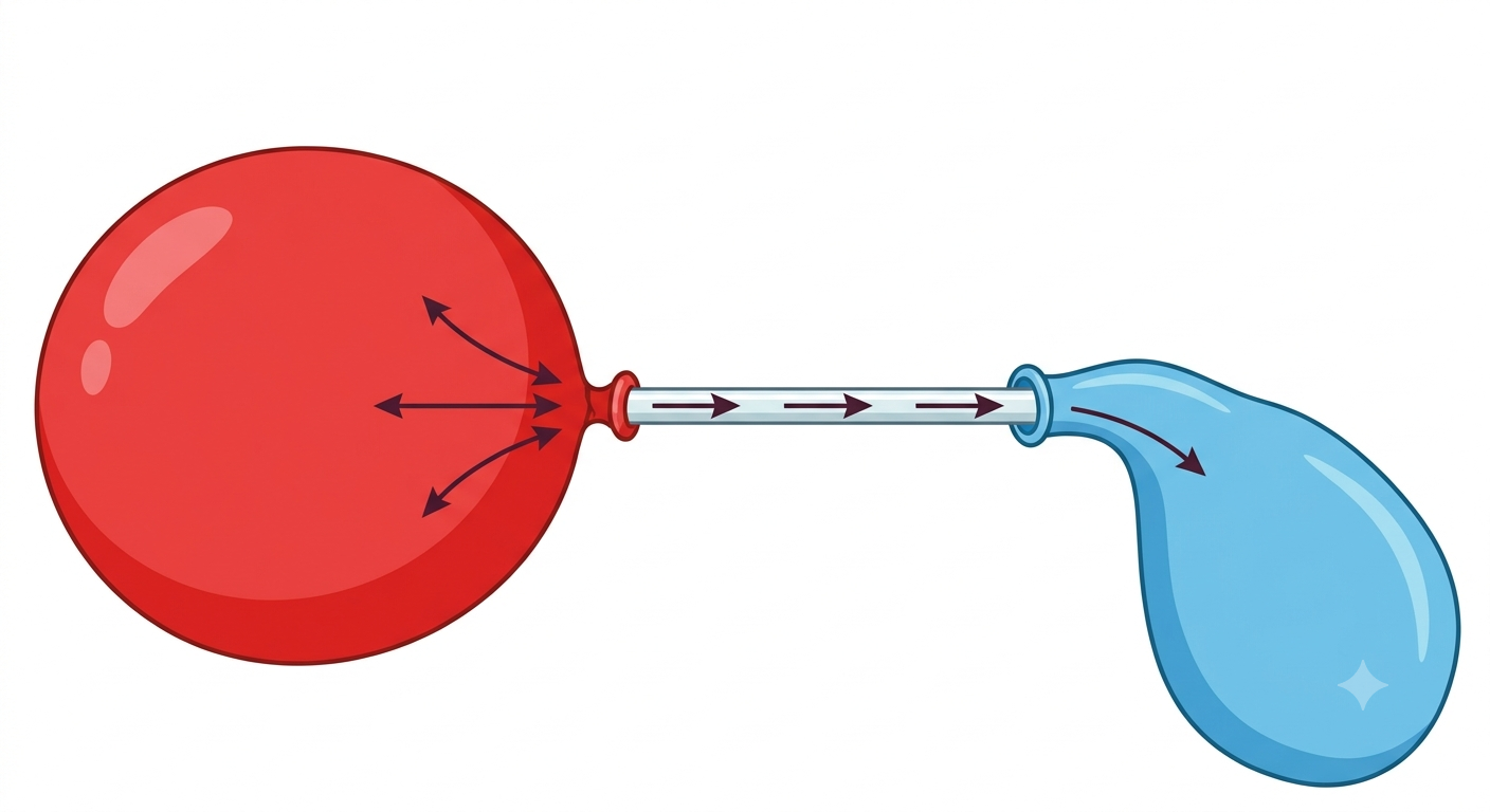 Two balloons connected by a drinking straw, one inflated and one uninflated, air moving between them