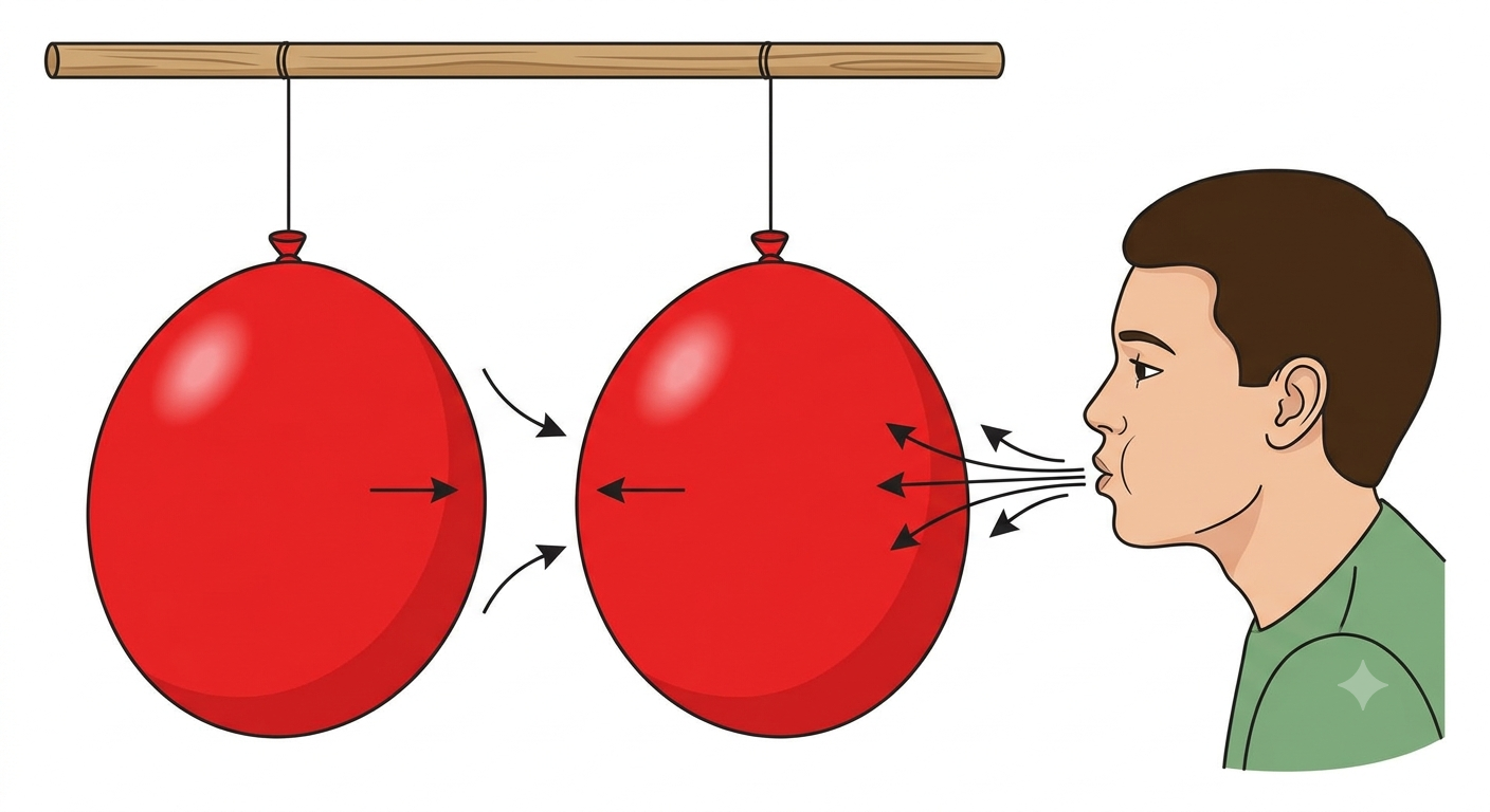 Two inflated balloons hanging from a stick with a person blowing air between them causing balloons to move towards each other