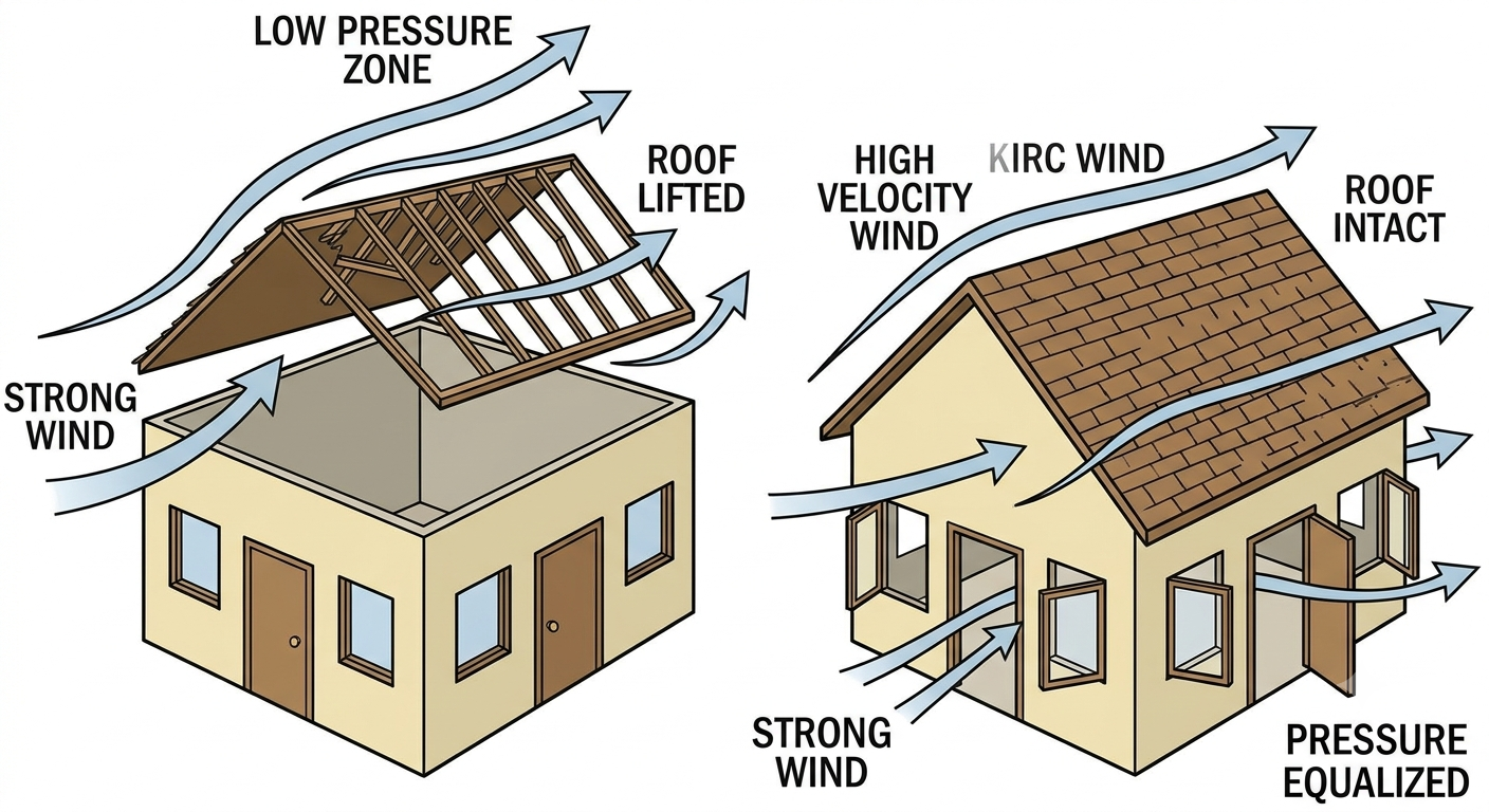 Two houses showing one with roof blown away by storm winds and one with roof intact due to open windows