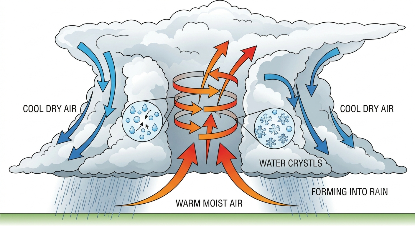Storm cloud diagram showing warm moist air rising upward and cool air descending with circular wind movement and rain