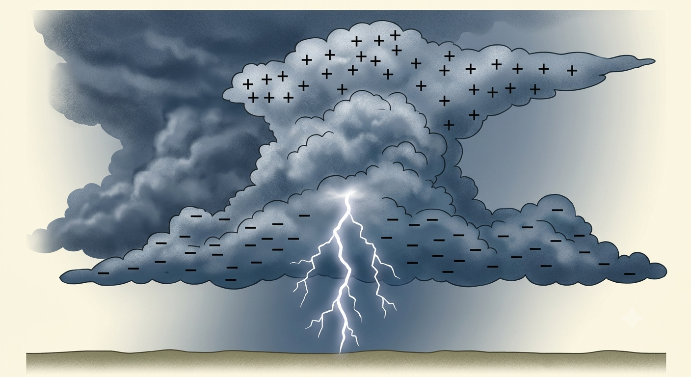 Dark storm clouds with lightning bolt striking between cloud and ground, positive and negative charge symbols shown in cloud