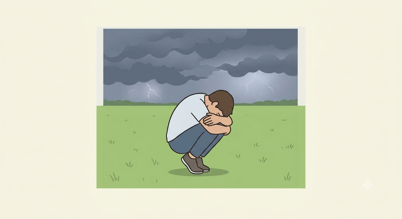 Person crouching low in an open field during lightning storm minimising contact with ground