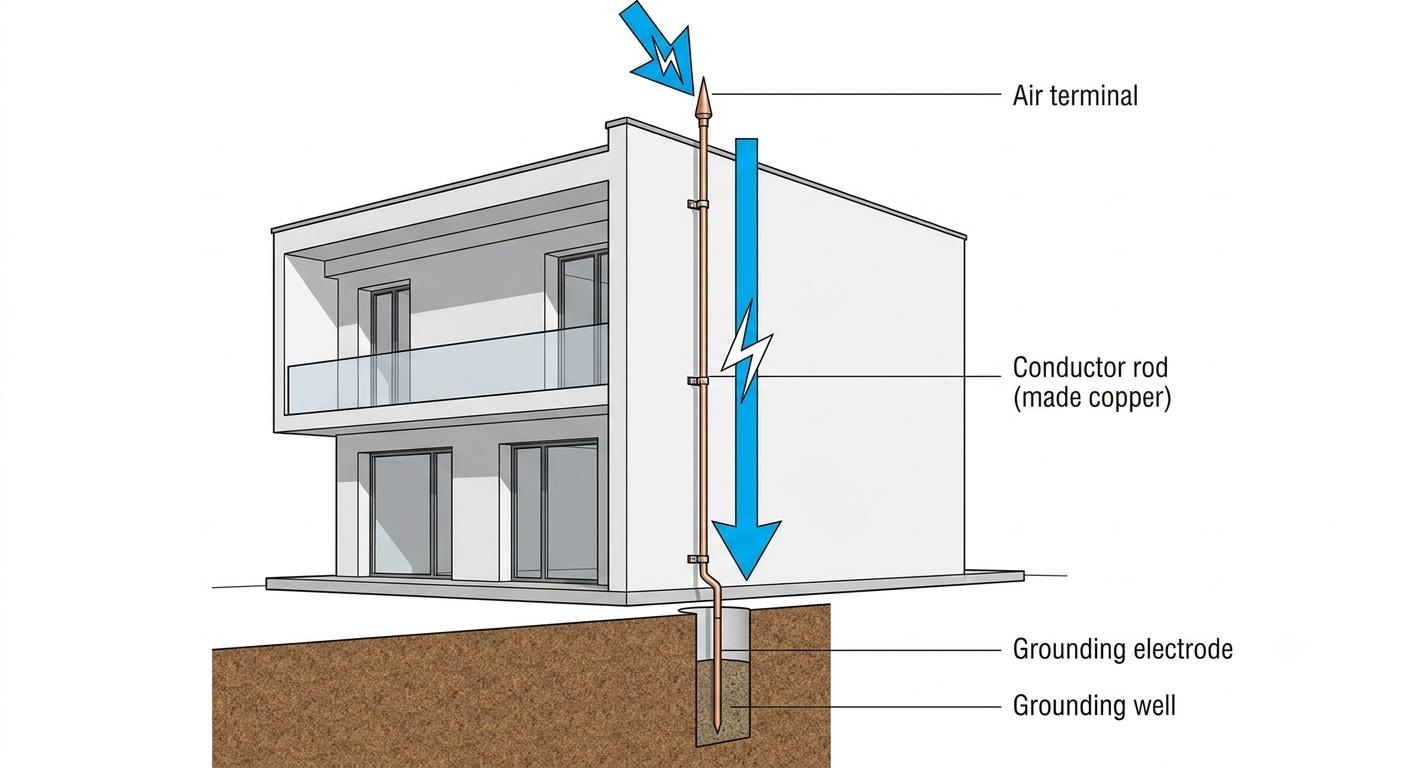 Building with metallic lightning conductor rod running along the outside wall with pointed top and buried bottom end