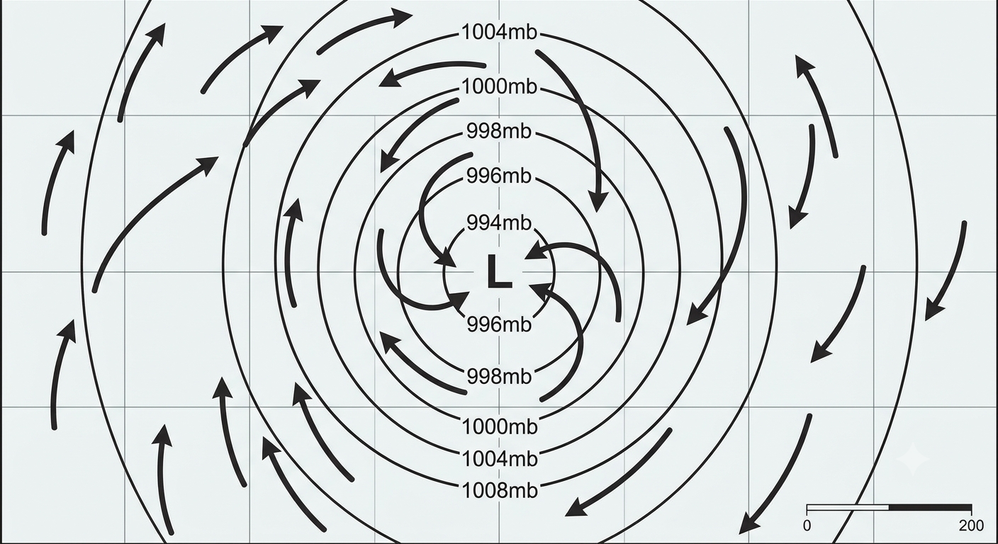 Top view map diagram of a cyclone showing concentric pressure rings with values spiralling inward toward the low pressure centre