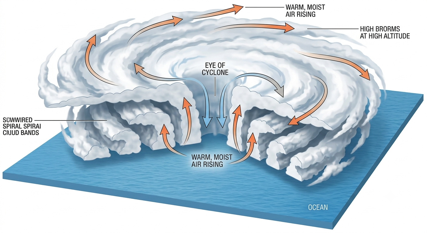 3D cutaway diagram of a cyclone storm system showing eye at centre, spiral cloud bands, warm air rising at edges, ocean below