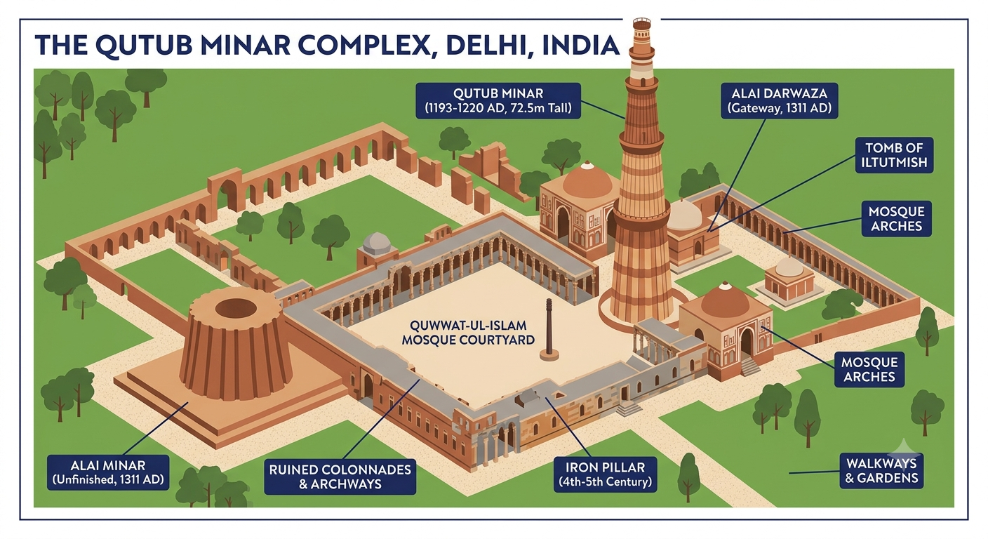 Aerial view of the Qutub Minar complex, Delhi