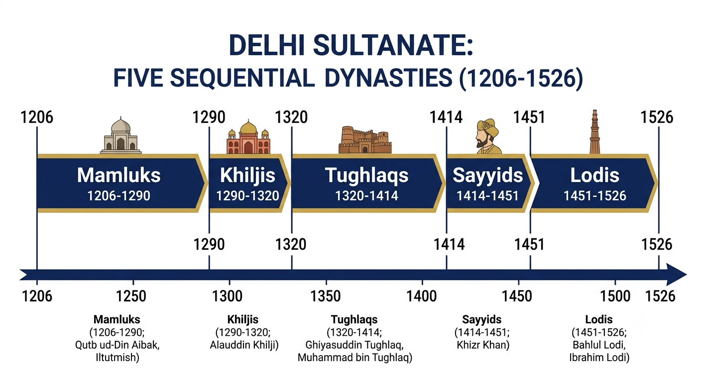 Timeline of the five dynasties of the Delhi Sultanate 1206 to 1526