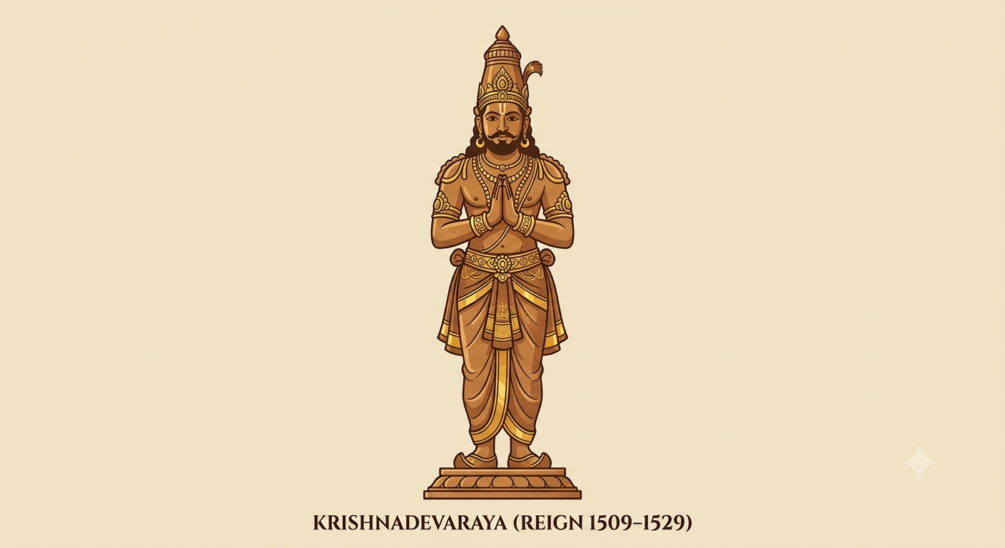 Krishnadevaraya royal figure with tall crown in traditional bronze style