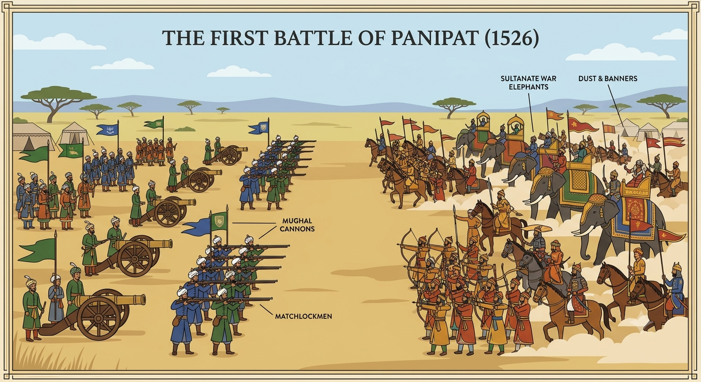 First Battle of Panipat 1526 with cannons and war elephants