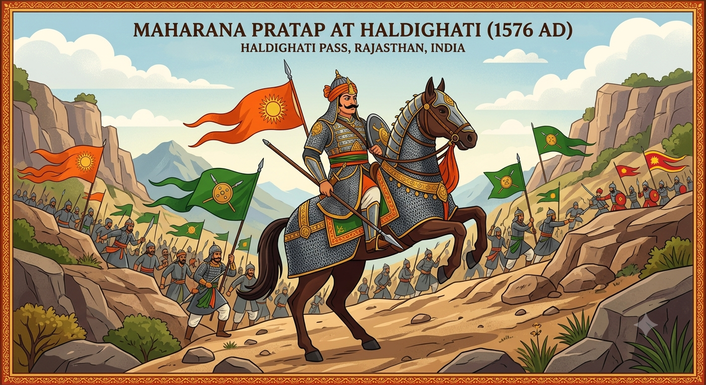 Maharana Pratap on his horse at Haldighati