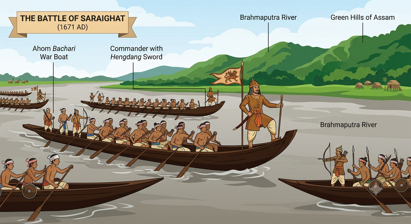 Ahom war boats on the Brahmaputra at the Battle of Saraighat