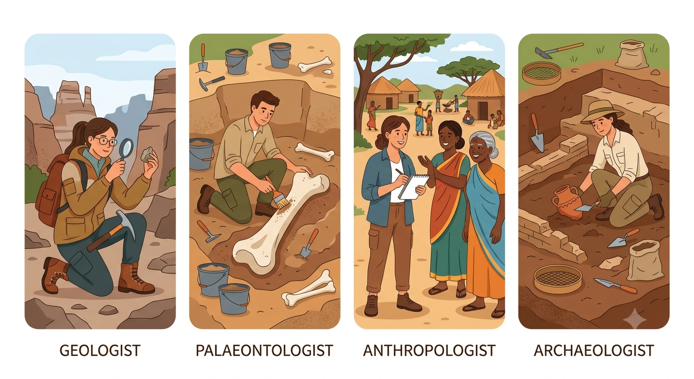 Four experts — geologist, palaeontologist, anthropologist and archaeologist at work