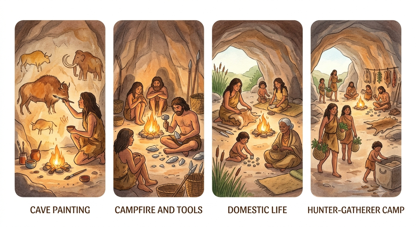 Early humans in a rock shelter painting on walls and sitting around a fire