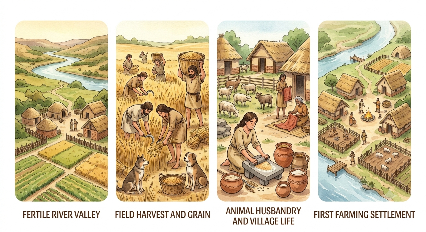 Early farming village beside a river with people harvesting grain and herding sheep