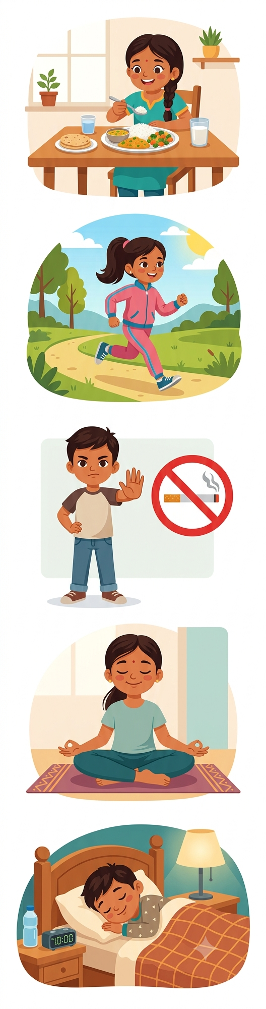 How to be healthy - balanced diet, physical activity, saying no to smoking, managing stress, enough sleep