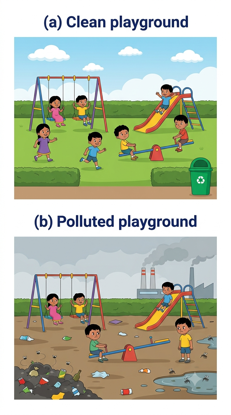 Two different playgrounds - one clean and well maintained, one polluted and unhygienic