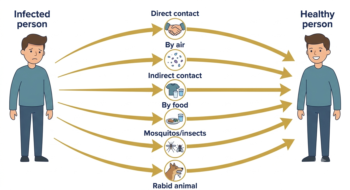 Common methods of transmission of diseases - direct contact, air, indirect contact, food, insects, rabid animal