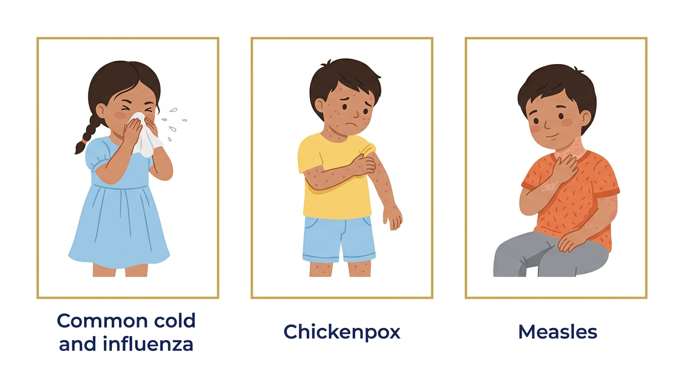 Diseases spread through air - common cold and influenza, chickenpox, measles
