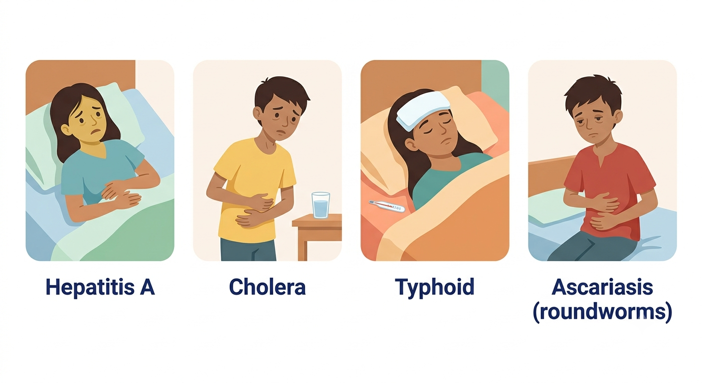 Diseases spread through contaminated water and food - Hepatitis A, cholera, typhoid, ascariasis
