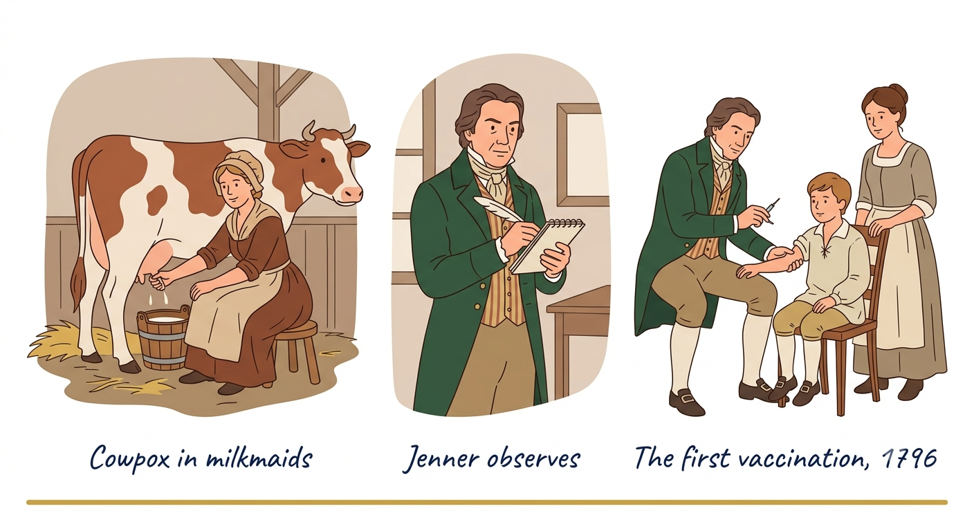 Edward Jenner and the smallpox vaccine - cowpox in milkmaids, Jenner observing, first vaccination
