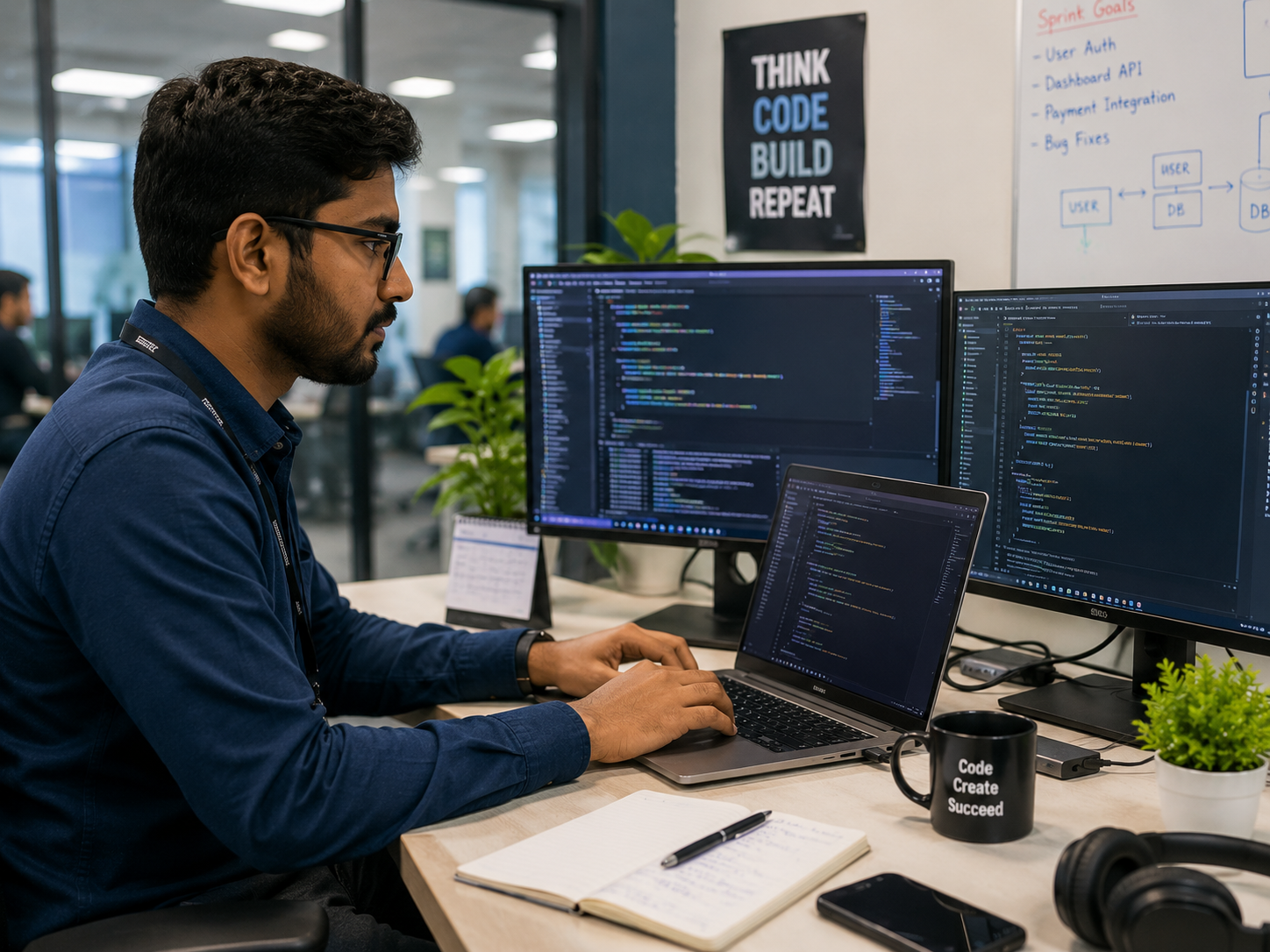 Indian software developer working at desk with multiple computer screens