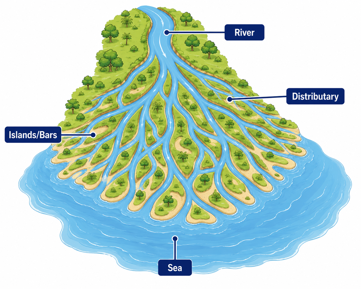 Labeled diagram of a delta showing river, distributaries, islands and sea
