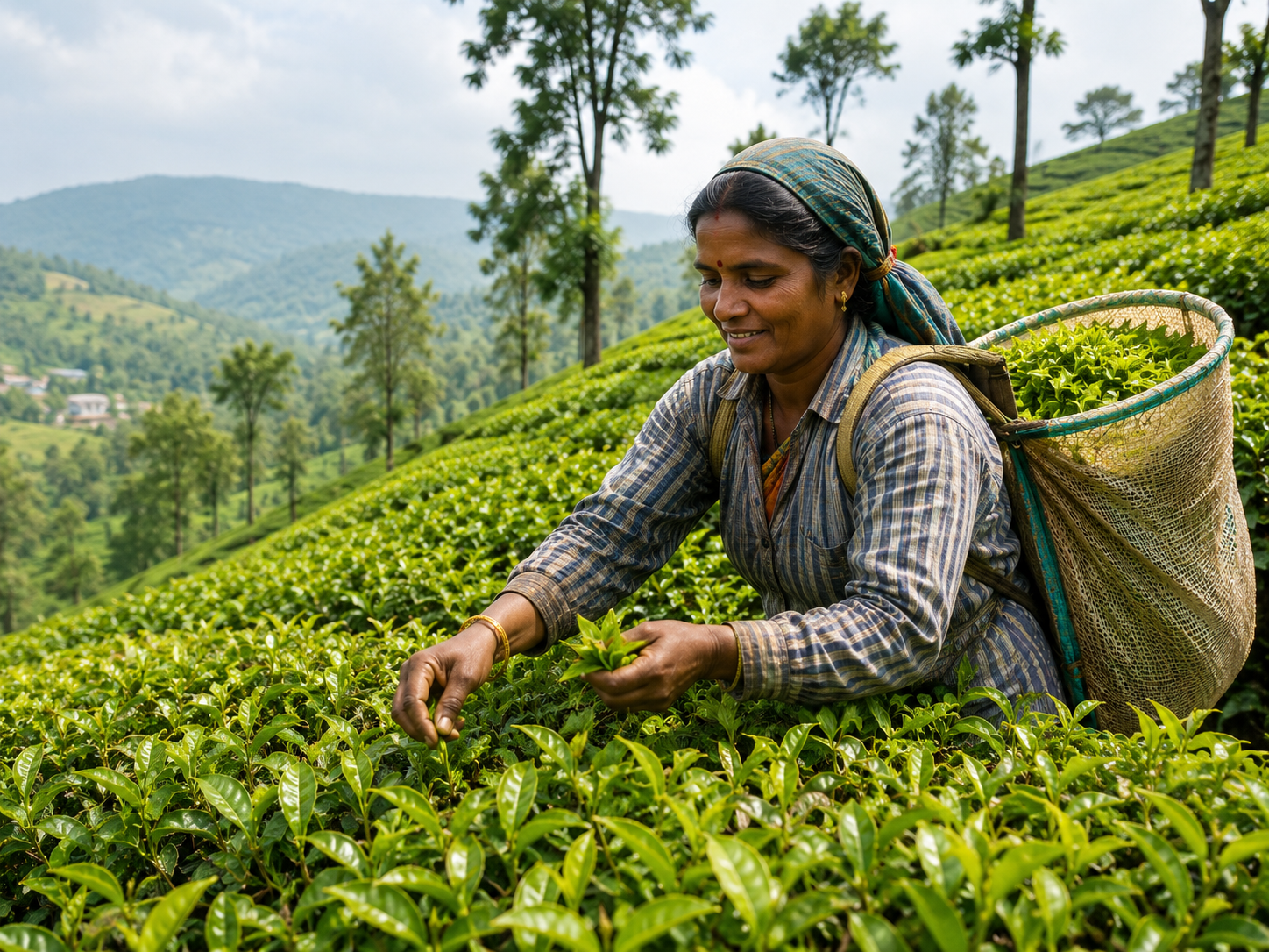 Worker at a tea plantation picking leaves on green hillside India