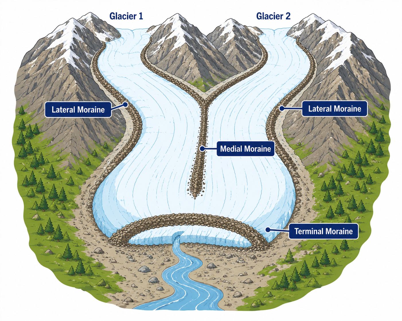 Labeled diagram of moraines — lateral, medial and terminal moraine with river