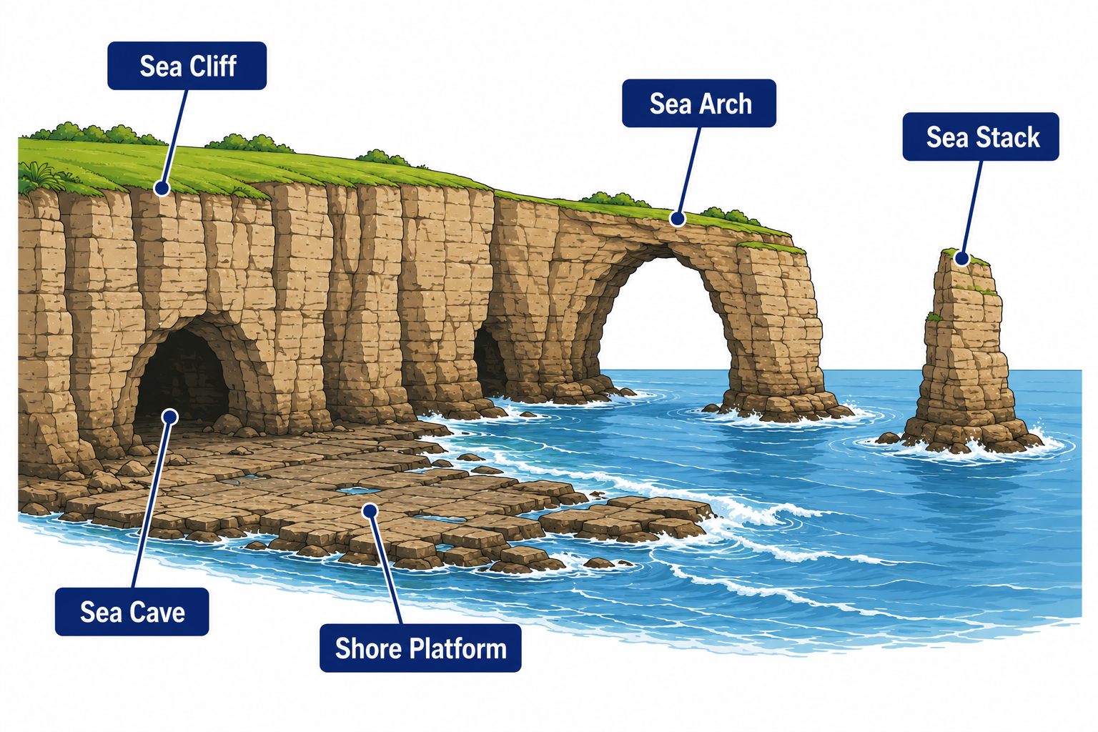 Labeled diagram of coastal erosion landforms — sea cliff, cave, arch, stack and shore platform