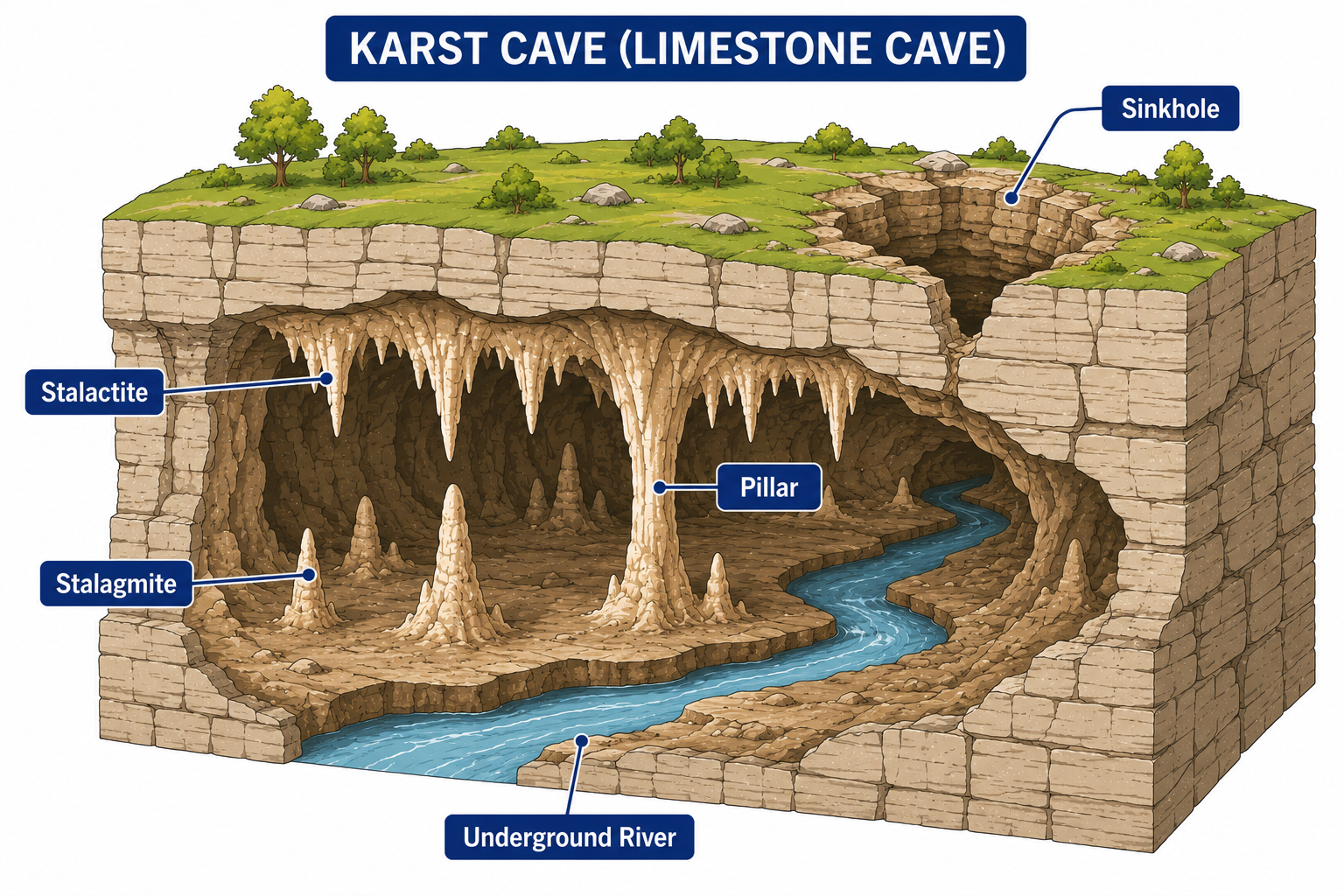 Labeled cross-section of a limestone cave with stalactite, stalagmite, pillar, sinkhole and underground river