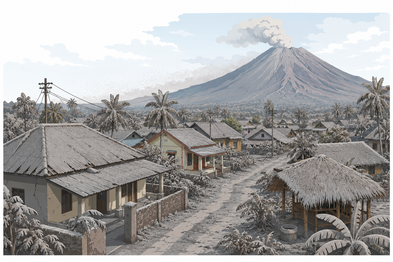 Deposition of grey ash on a village after a volcanic eruption