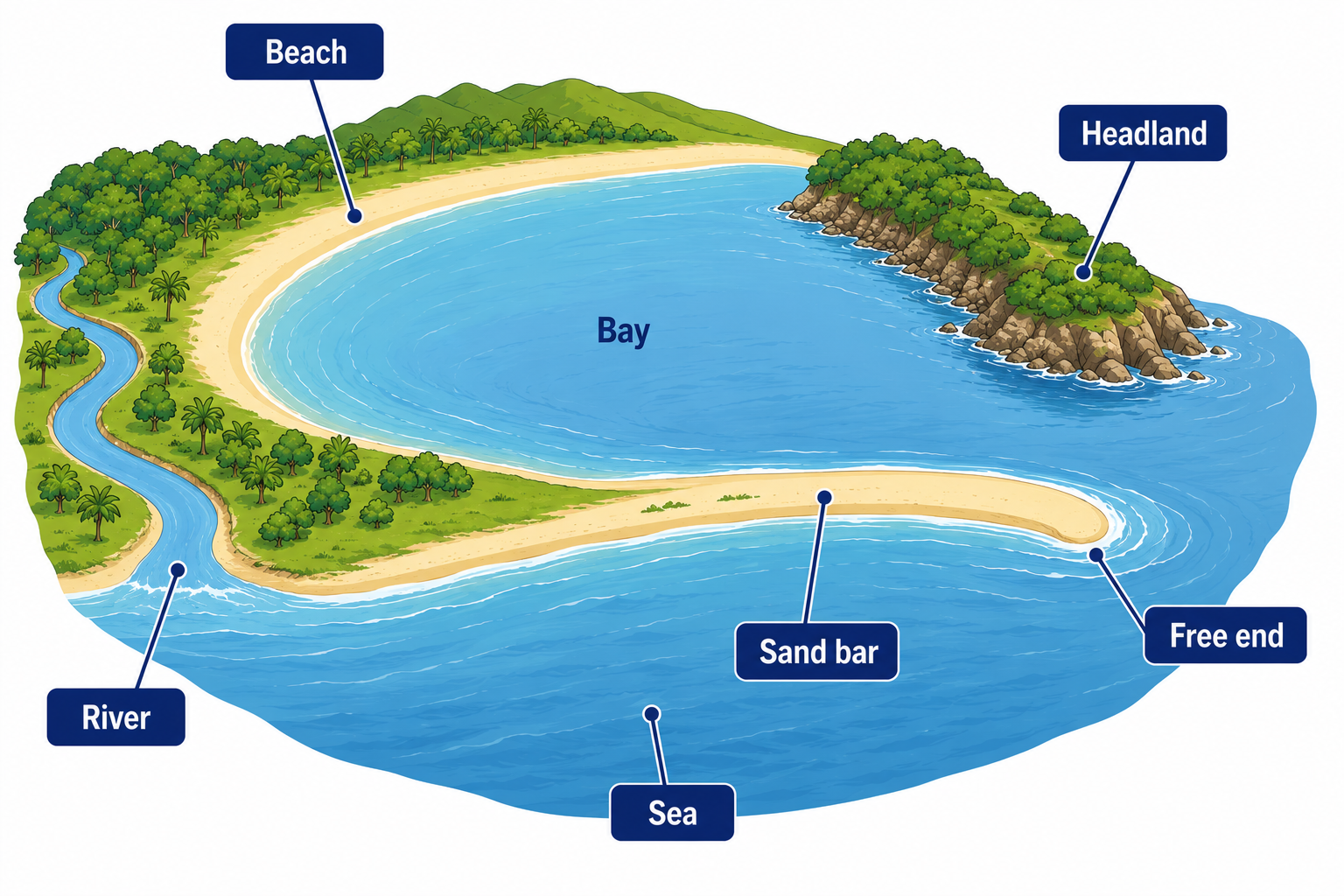Labeled coastal diagram showing beach, bay, headland, sand bar and river