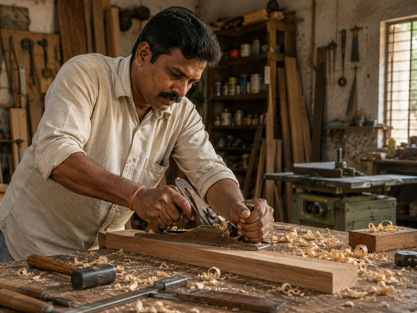 Indian carpenter working with wood in workshop