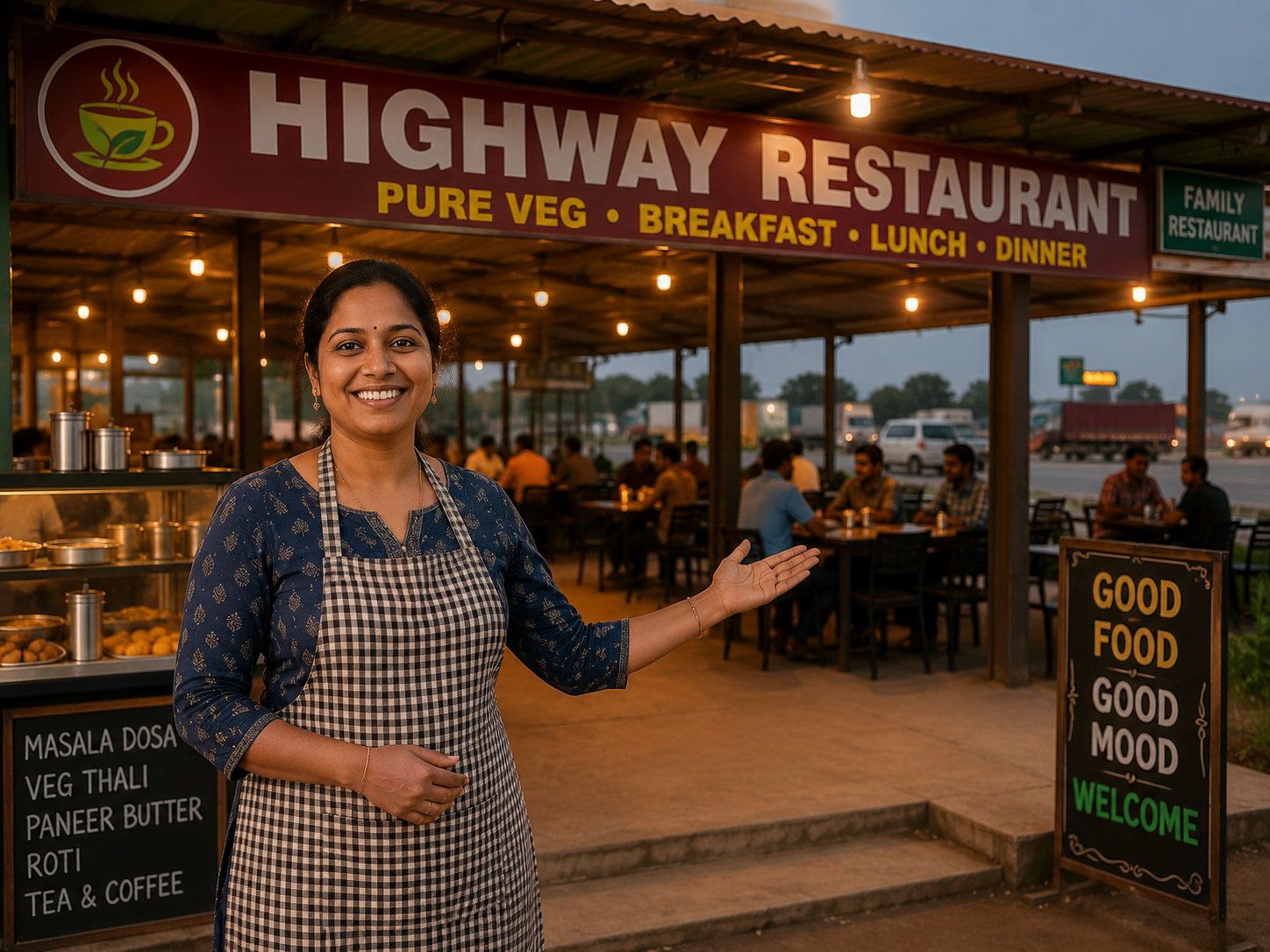 Indian woman entrepreneur running a small highway restaurant welcoming customers